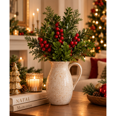 Galho Decorativo Natalino com Folhas e Frutas Verde e Vermelho 41cm