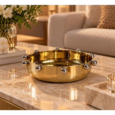 Centro de Mesa em Aço Inox Balls Dourado e Prata 30,5cm
