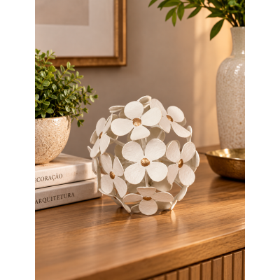Escultura Decorativa em Metal Flores Off White 14cm