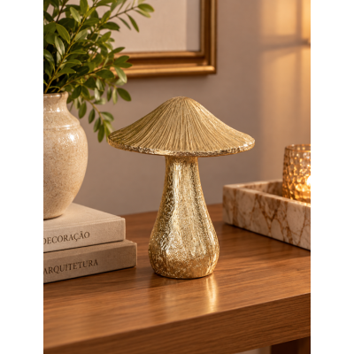 Escultura Decorativa Cogumelo em Polirresina Dourado 18cm