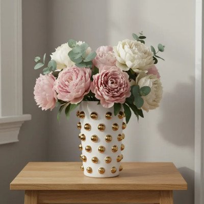 Vaso Decorativo em Cerâmica Balls Branco e Dourado 36cm